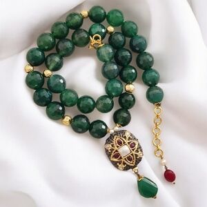 Vtg Green Agate Beaded Statement Necklace Double Sided Mughal Style Pendant